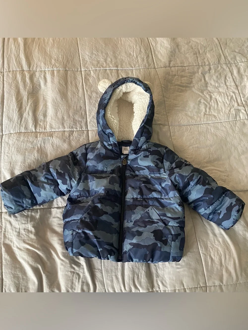 GAP Blue Camouflage Puffer Jacket with Hood